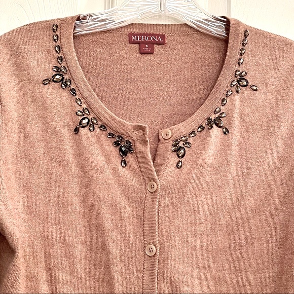 ๐ธ3/$25 Merona Jeweled Neckline Button Up Tan Cardigan, Size XS - Picture 2 of 9